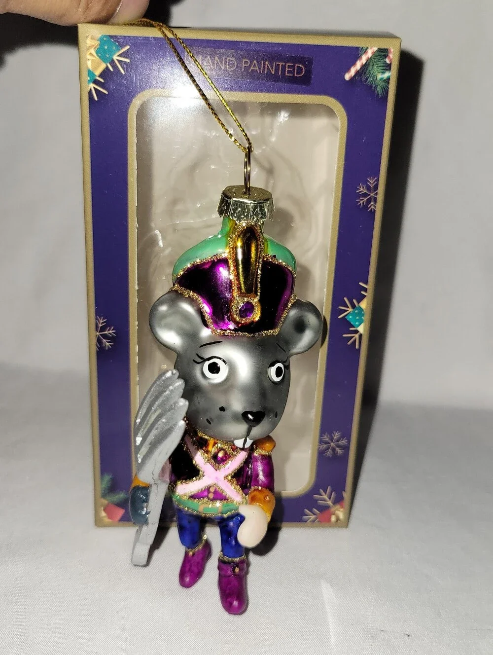 Hand-Painted Purple & Gold Nutcracker Mouse Ornament - Decorative Pet Figurine